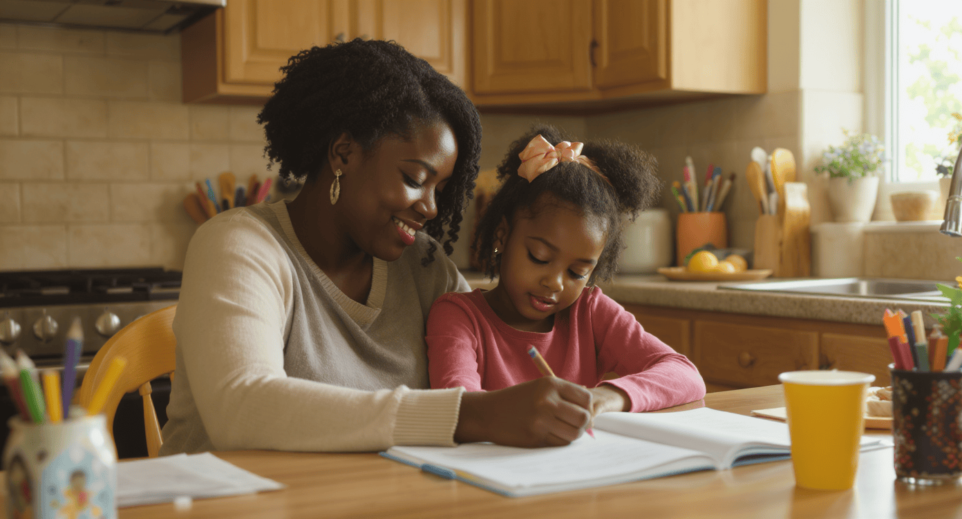 Mother and daughter doing homework together at kitchen table